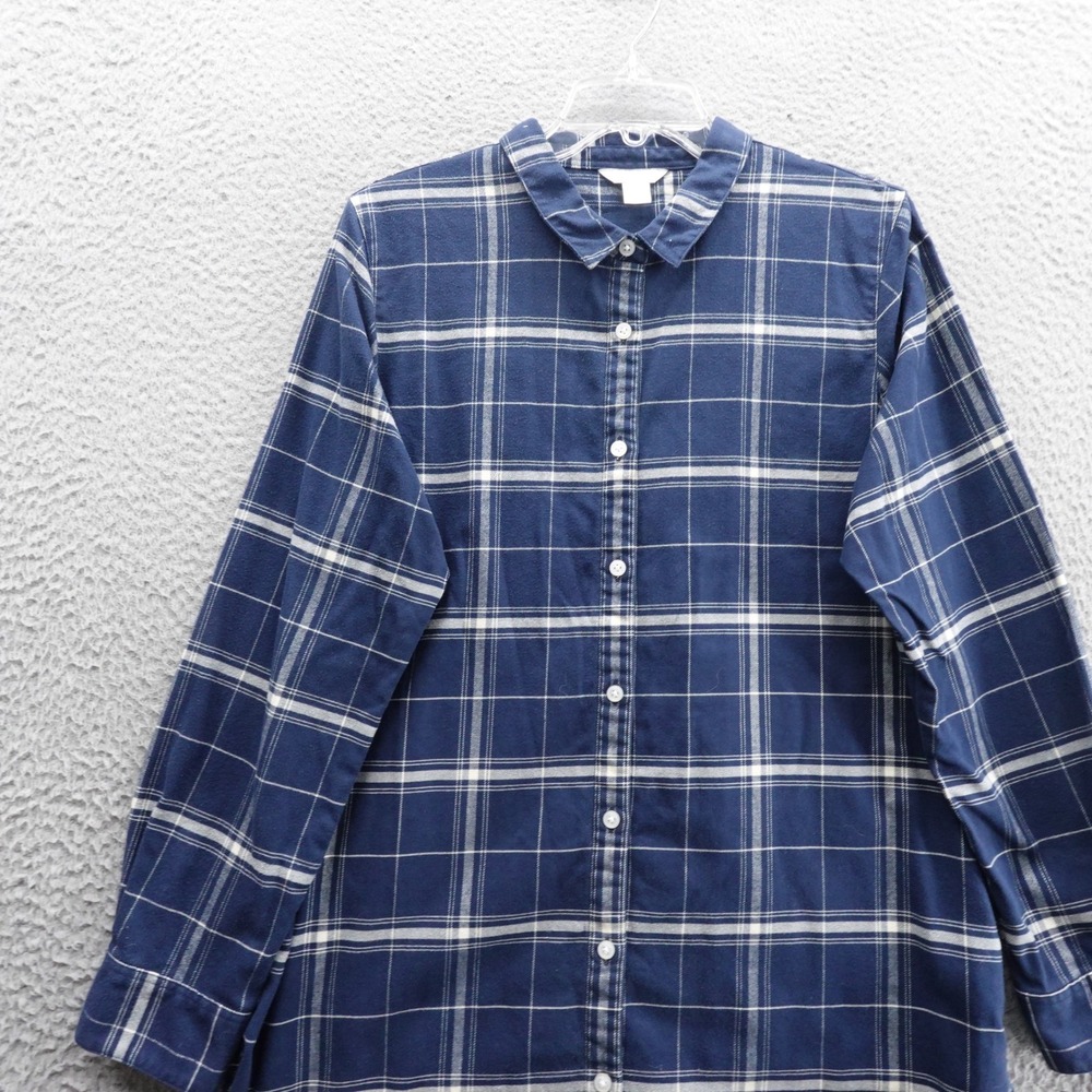 Garnet‎ Hill Plaid Flannel Tunic Top Large Navy Blue Cotton Womens Fall Shirt - Picture 3 of 11